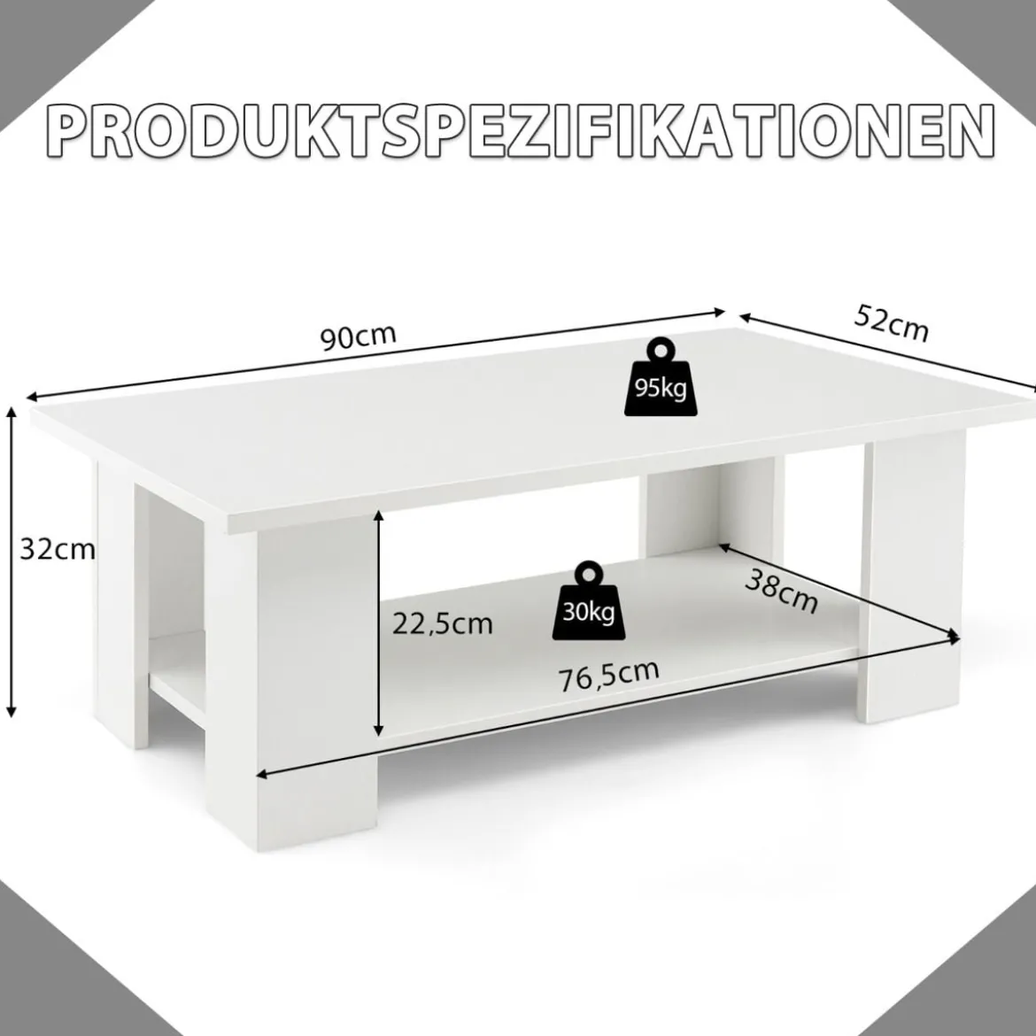 2 Ebenen Couchtisch aus Holz Beistelltisch bis zu 125kg Belastbar 90 x 52 x 32 cm Weiß