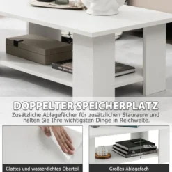 2 Ebenen Couchtisch aus Holz Beistelltisch bis zu 125kg Belastbar 90 x 52 x 32 cm Weiß