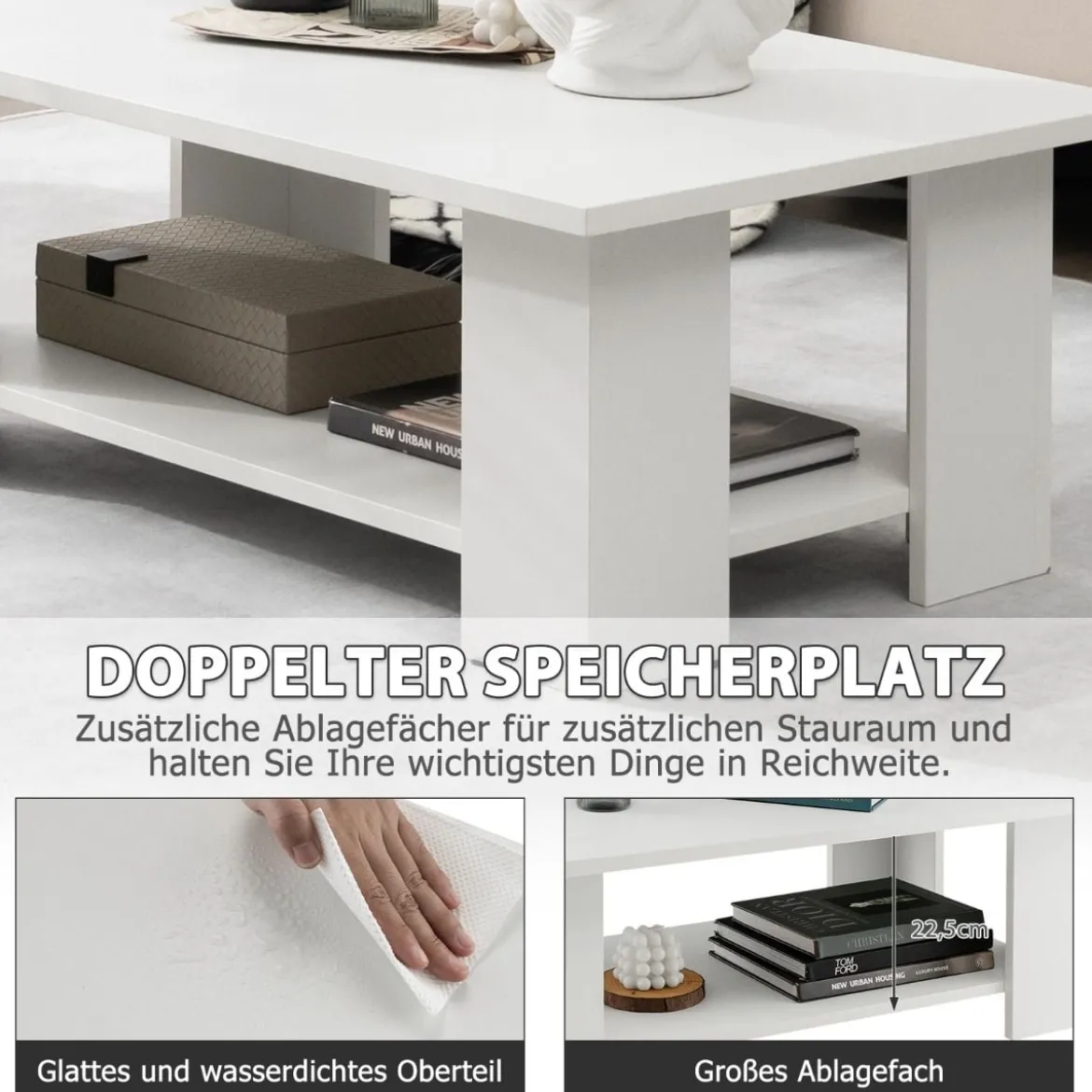 2 Ebenen Couchtisch aus Holz Beistelltisch bis zu 125kg Belastbar 90 x 52 x 32 cm Weiß