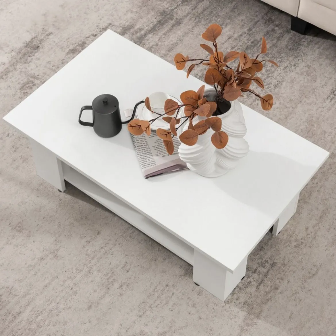 2 Ebenen Couchtisch aus Holz Beistelltisch bis zu 125kg Belastbar 90 x 52 x 32 cm Weiß