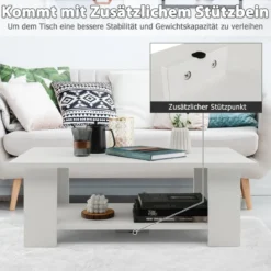 2 Ebenen Couchtisch aus Holz Beistelltisch bis zu 125kg Belastbar 90 x 52 x 32 cm Weiß