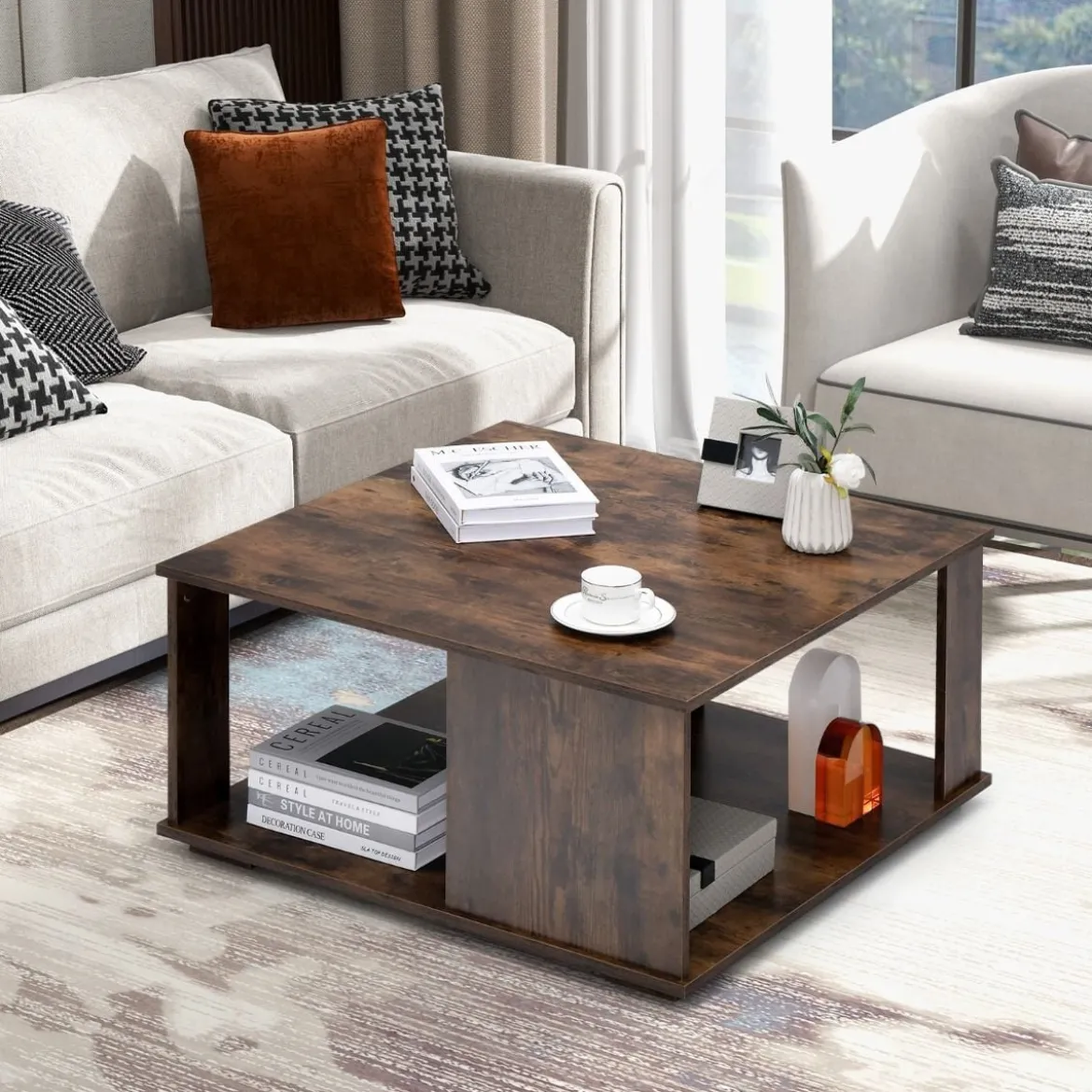2 Ebenen Couchtisch aus Holz Industrieller Beistelltisch mit Stauraum 80 x 80 x 40 cm Braun