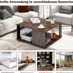 2 Ebenen Couchtisch aus Holz Industrieller Beistelltisch mit Stauraum 80 x 80 x 40 cm Braun