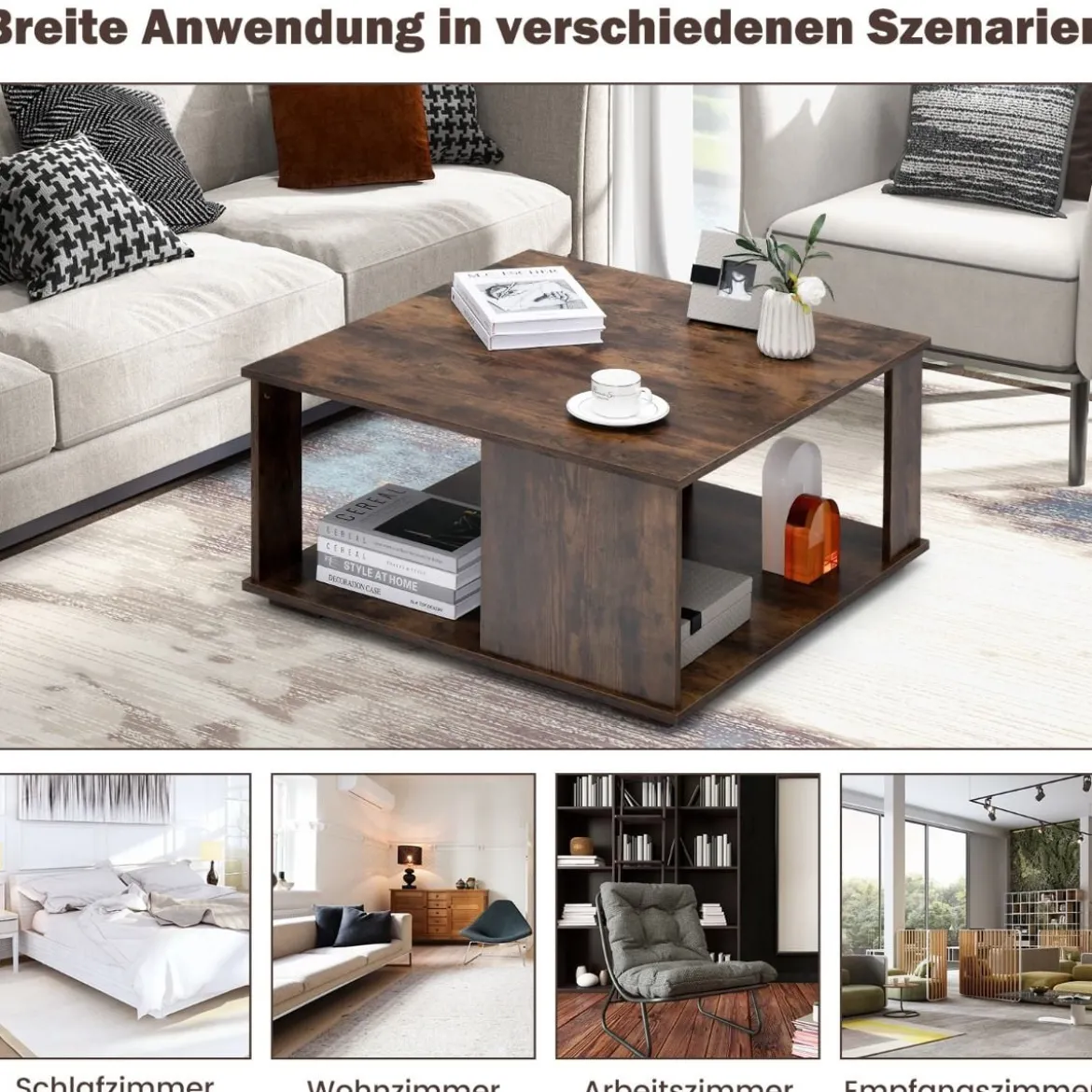 2 Ebenen Couchtisch aus Holz Industrieller Beistelltisch mit Stauraum 80 x 80 x 40 cm Braun
