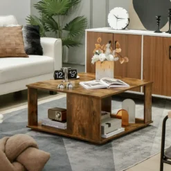 2 Ebenen Couchtisch aus Holz Industrieller Beistelltisch mit Stauraum 80 x 80 x 40 cm Braun