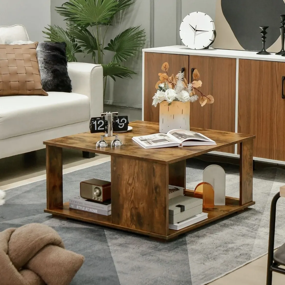 2 Ebenen Couchtisch aus Holz Industrieller Beistelltisch mit Stauraum 80 x 80 x 40 cm Braun