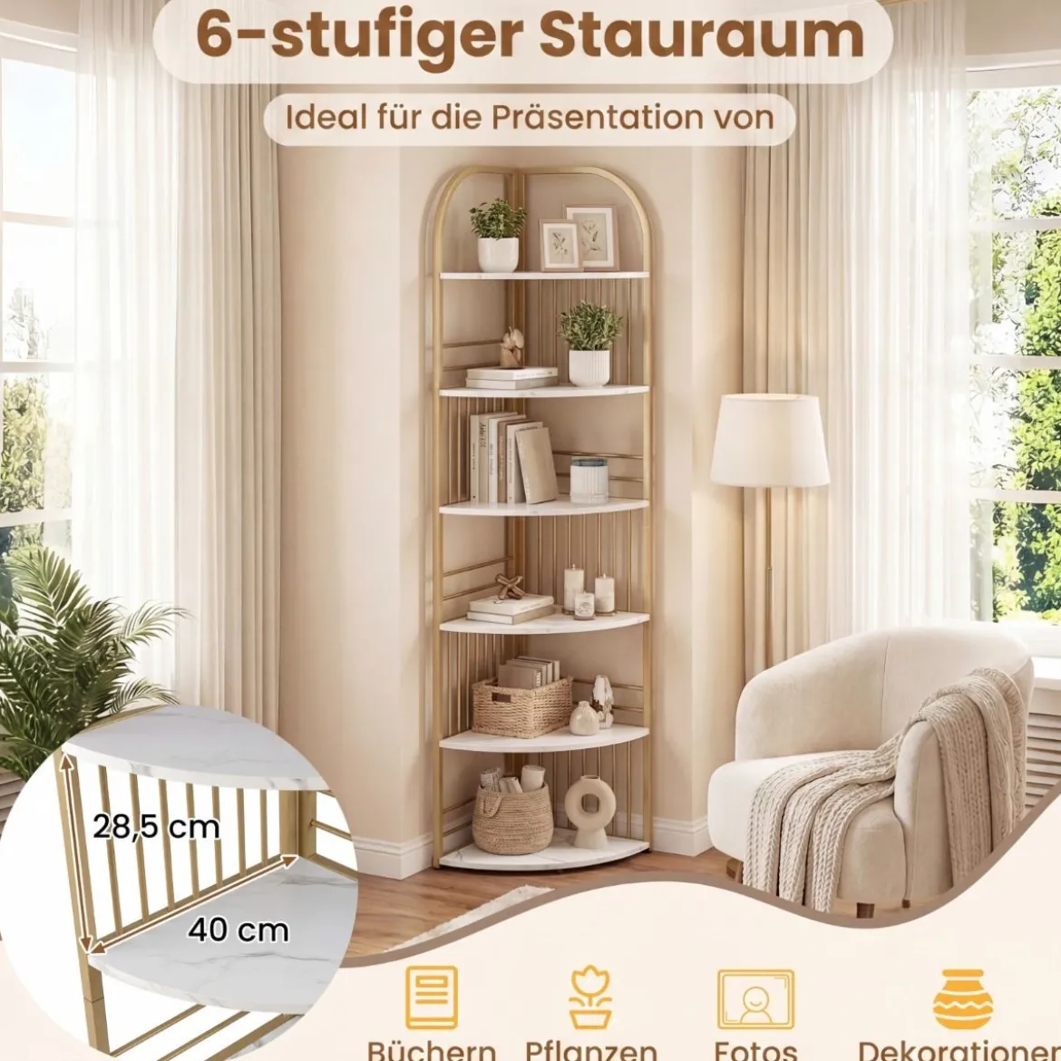 6 Ebenen Eckregal mit Metallrahmen Stehendes Bücherregal Standregal Pflanzenregal Weiß