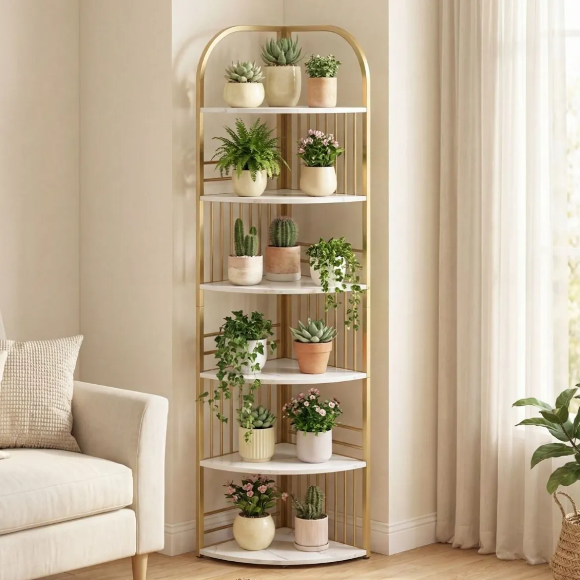 6 Ebenen Eckregal mit Metallrahmen Stehendes Bücherregal Standregal Pflanzenregal Weiß