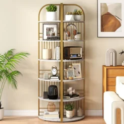 6 Ebenen Eckregal mit Metallrahmen Stehendes Bücherregal Standregal Pflanzenregal Weiß