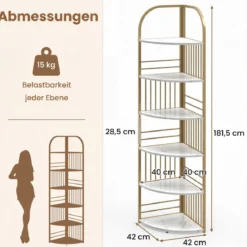 6 Ebenen Eckregal mit Metallrahmen Stehendes Bücherregal Standregal Pflanzenregal Weiß