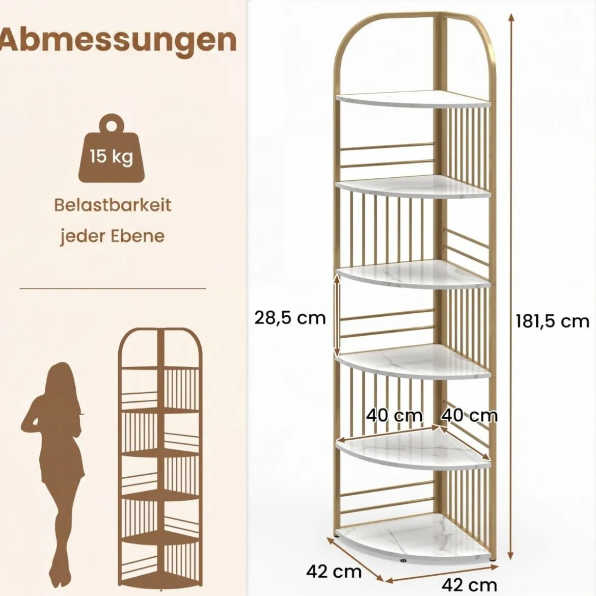 6 Ebenen Eckregal mit Metallrahmen Stehendes Bücherregal Standregal Pflanzenregal Weiß