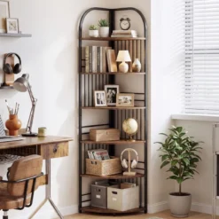 6 Ebenen Eckregal mit Metallrahmen Stehendes Bücherregal Standregal Pflanzenregal Braun
