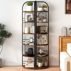 6 Ebenen Eckregal mit Metallrahmen Stehendes Bücherregal Standregal Pflanzenregal Braun