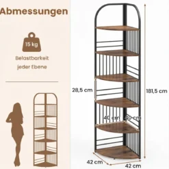 6 Ebenen Eckregal mit Metallrahmen Stehendes Bücherregal Standregal Pflanzenregal Braun