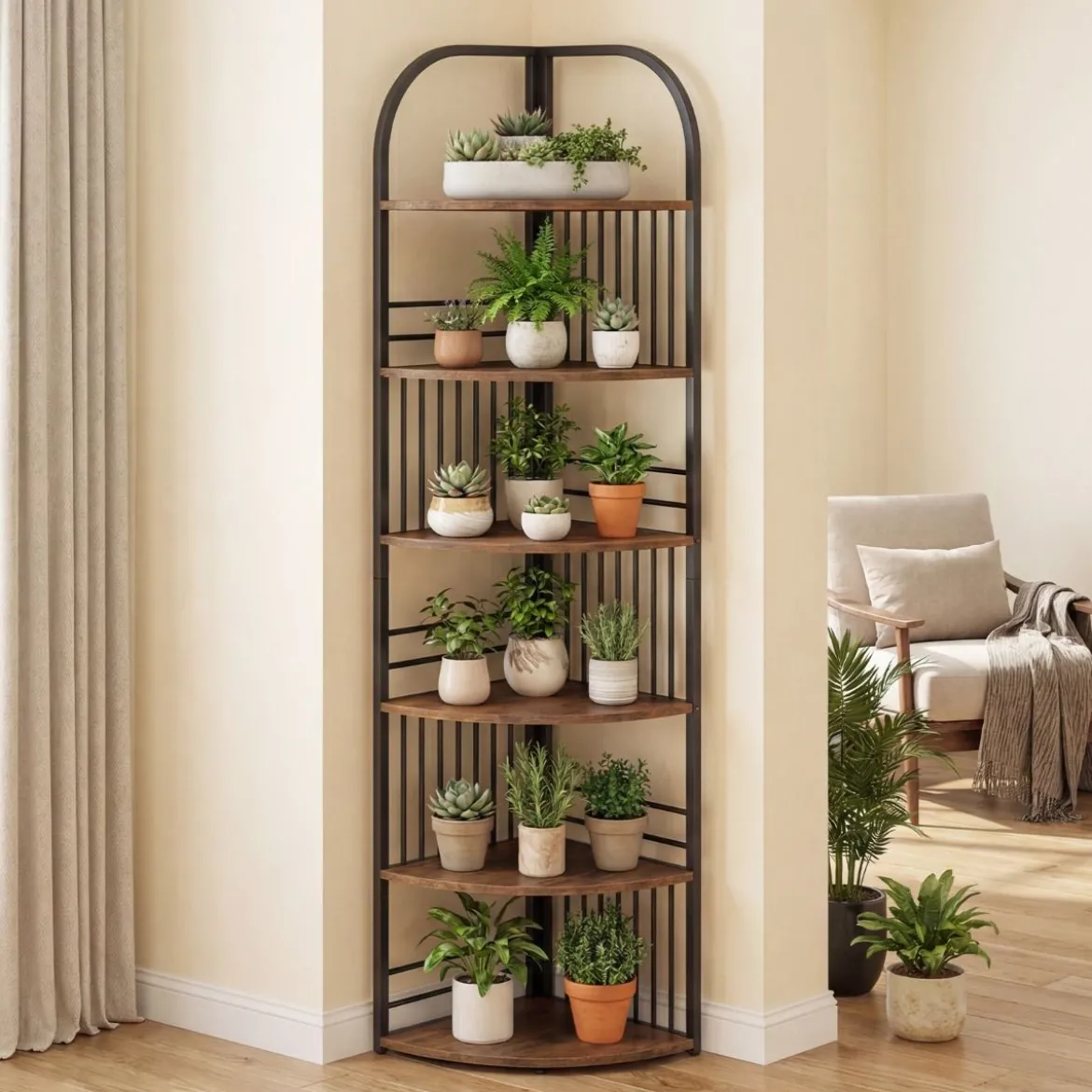 6 Ebenen Eckregal mit Metallrahmen Stehendes Bücherregal Standregal Pflanzenregal Braun