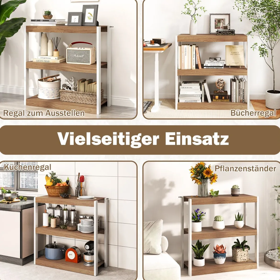 3 Ebenen Holz Standregal mit Kippschutz-Sets & Offenen Regalfächern Bücherregal Natur