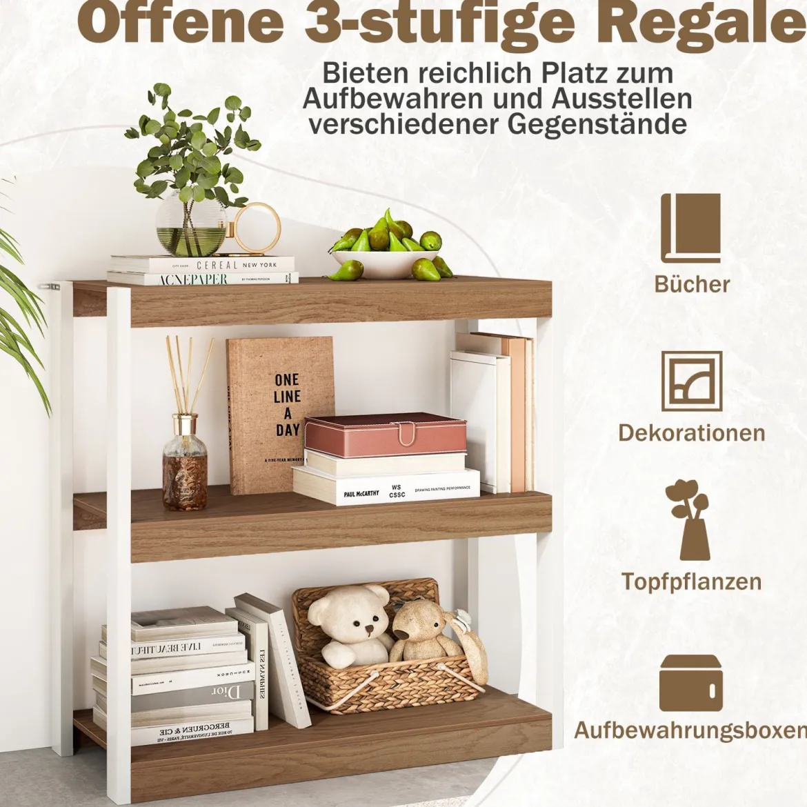 3 Ebenen Holz Standregal mit Kippschutz-Sets & Offenen Regalfächern Bücherregal Natur