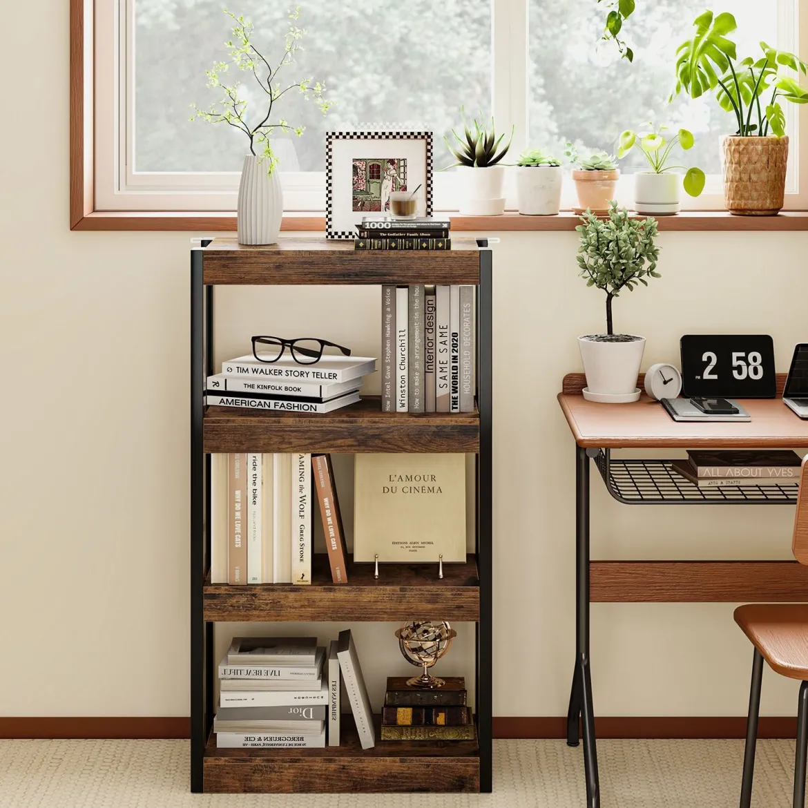 4 Ebenen Holz Standregal mit 2 Kippschutz-Sets & Offenen Regalfächern Bücherregal Braun