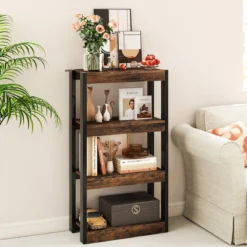 4 Ebenen Holz Standregal mit 2 Kippschutz-Sets & Offenen Regalfächern Bücherregal Braun