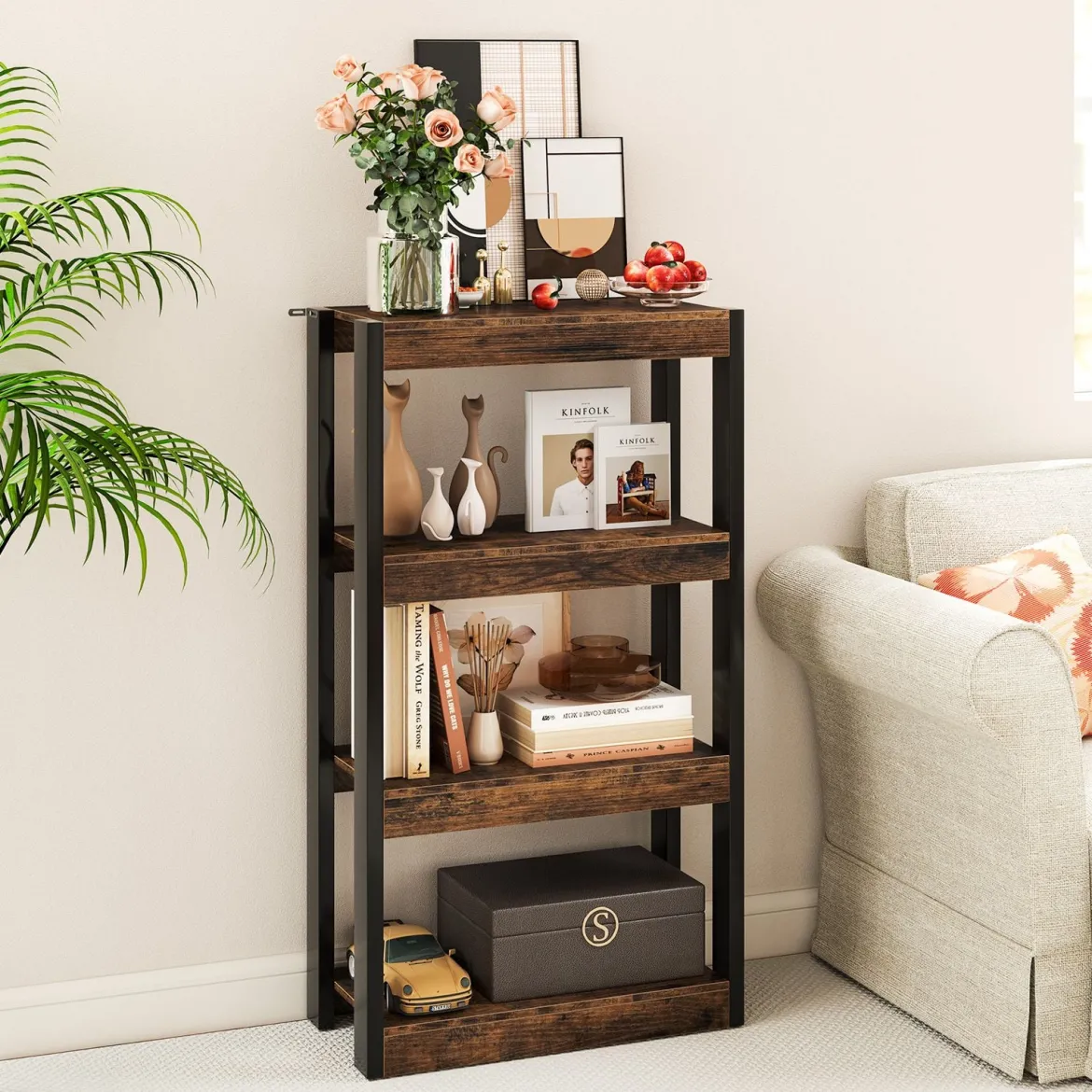 4 Ebenen Holz Standregal mit 2 Kippschutz-Sets & Offenen Regalfächern Bücherregal Braun