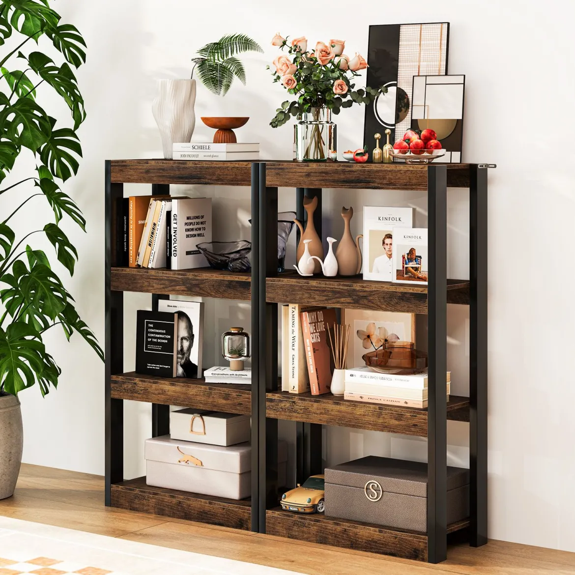 4 Ebenen Holz Standregal mit 2 Kippschutz-Sets & Offenen Regalfächern Bücherregal Braun