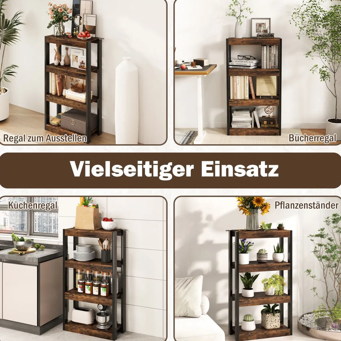 4 Ebenen Holz Standregal mit 2 Kippschutz-Sets & Offenen Regalfächern Bücherregal Braun