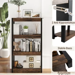 4 Ebenen Holz Standregal mit 2 Kippschutz-Sets & Offenen Regalfächern Bücherregal Braun