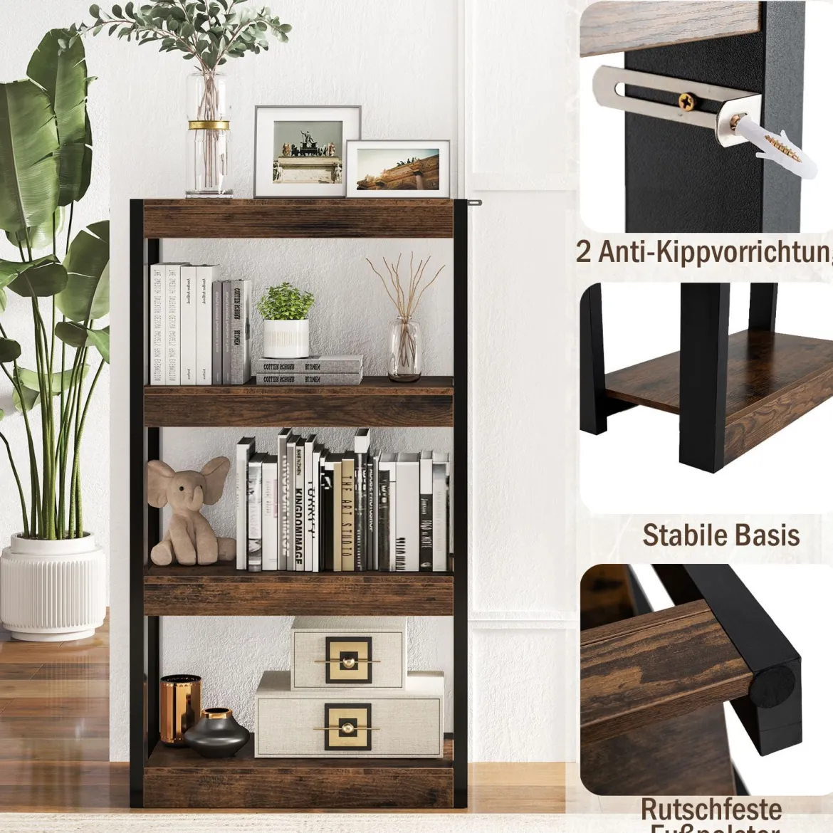 4 Ebenen Holz Standregal mit 2 Kippschutz-Sets & Offenen Regalfächern Bücherregal Braun
