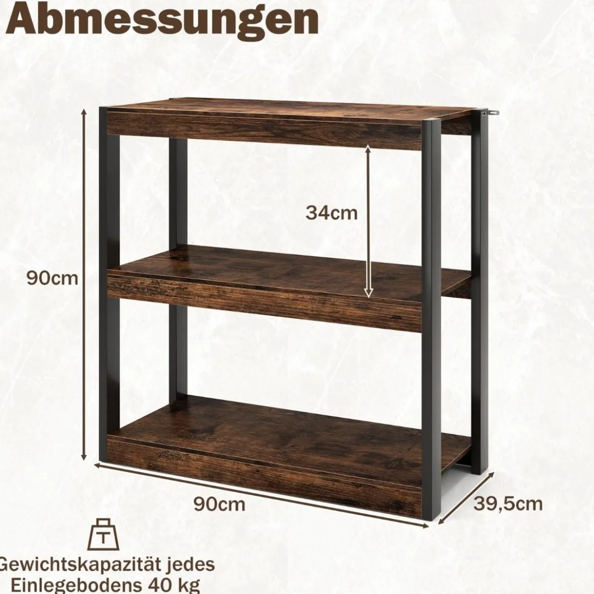 3 Ebenen Holz Standregal mit Kippschutz-Sets & Offenen Regalfächern Bücherregal Braun