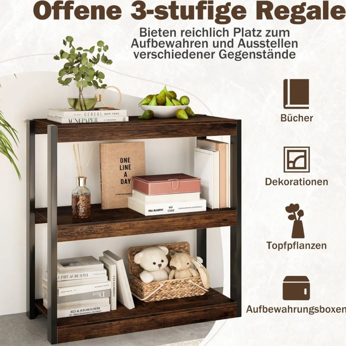 3 Ebenen Holz Standregal mit Kippschutz-Sets & Offenen Regalfächern Bücherregal Braun