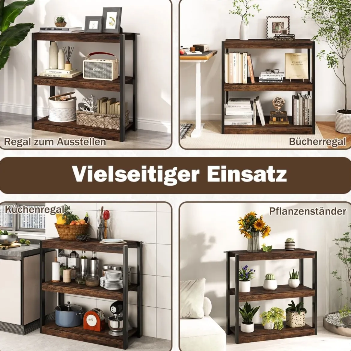 3 Ebenen Holz Standregal mit Kippschutz-Sets & Offenen Regalfächern Bücherregal Braun