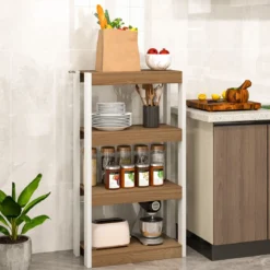 4 Ebenen Holz Standregal mit 2 Kippschutz-Sets & Offenen Regalfächern Bücherregal Natur