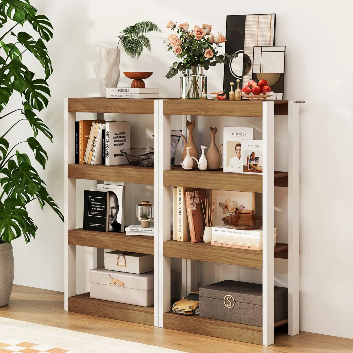 4 Ebenen Holz Standregal mit 2 Kippschutz-Sets & Offenen Regalfächern Bücherregal Natur