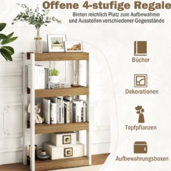 4 Ebenen Holz Standregal mit 2 Kippschutz-Sets & Offenen Regalfächern Bücherregal Natur