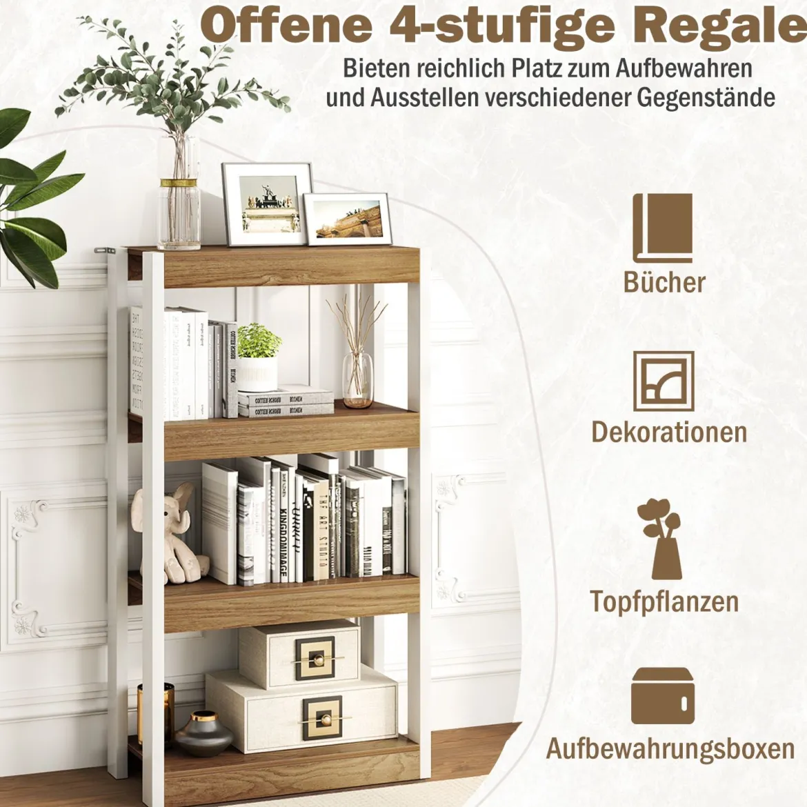 4 Ebenen Holz Standregal mit 2 Kippschutz-Sets & Offenen Regalfächern Bücherregal Natur