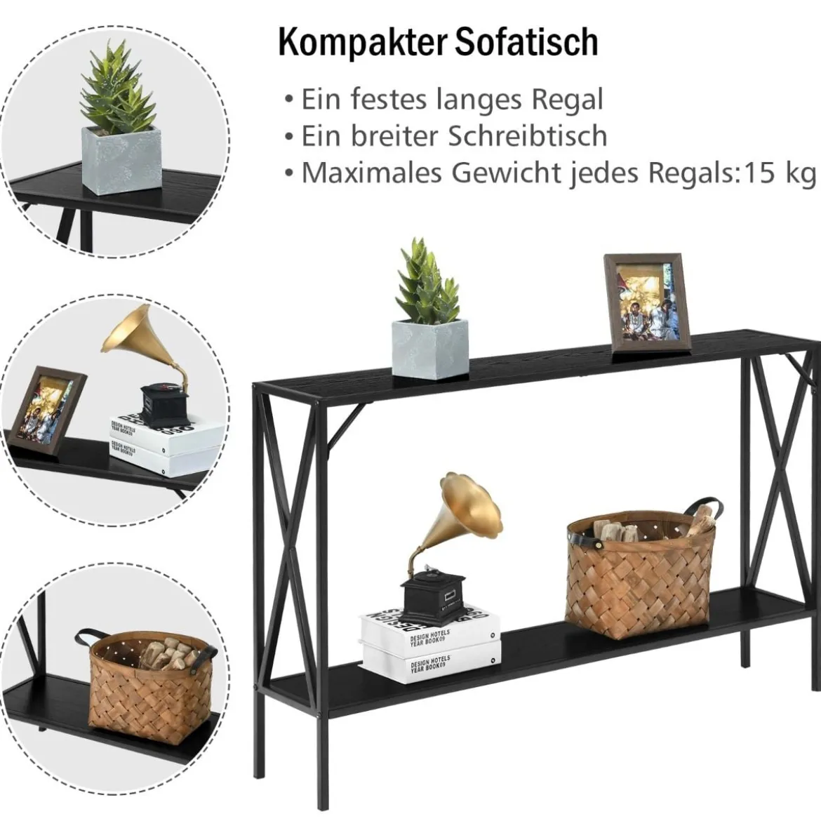 2 Ebenen Konsolentisch Metallrahmen Moderner 2-stufiger Sofatisch in X-Form 120 x 23 x 74 cm Schwarz
