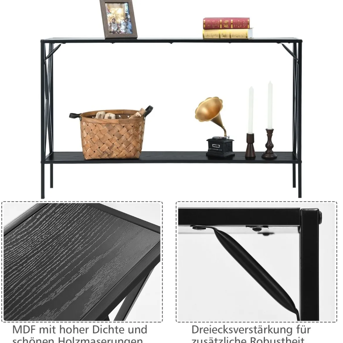 2 Ebenen Konsolentisch Metallrahmen Moderner 2-stufiger Sofatisch in X-Form 120 x 23 x 74 cm Schwarz