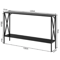 2 Ebenen Konsolentisch Metallrahmen Moderner 2-stufiger Sofatisch in X-Form 120 x 23 x 74 cm Schwarz