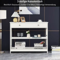 3 Ebenen Konsolentisch mit Schublade & Regal aus Holz 100 x 30 x 80 cm Weiß