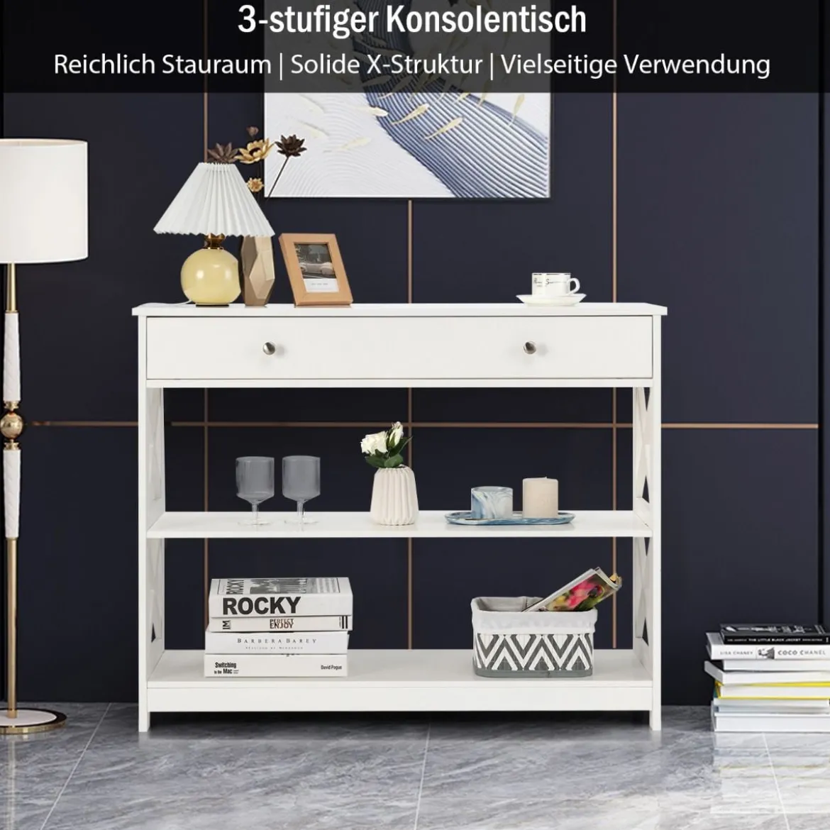 3 Ebenen Konsolentisch mit Schublade & Regal aus Holz 100 x 30 x 80 cm Weiß