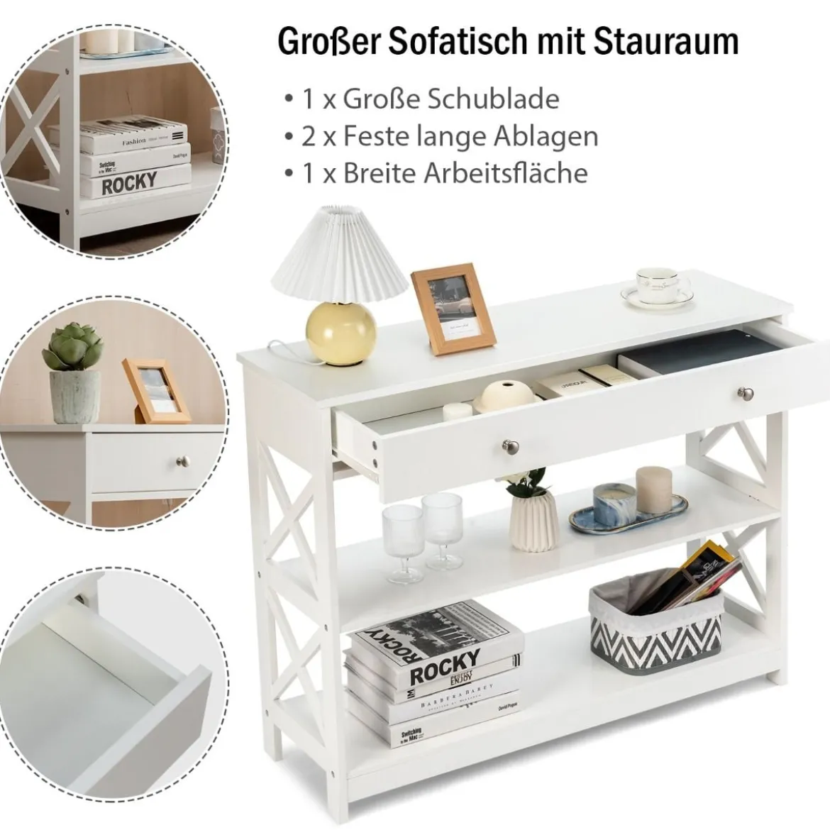 3 Ebenen Konsolentisch mit Schublade & Regal aus Holz 100 x 30 x 80 cm Weiß