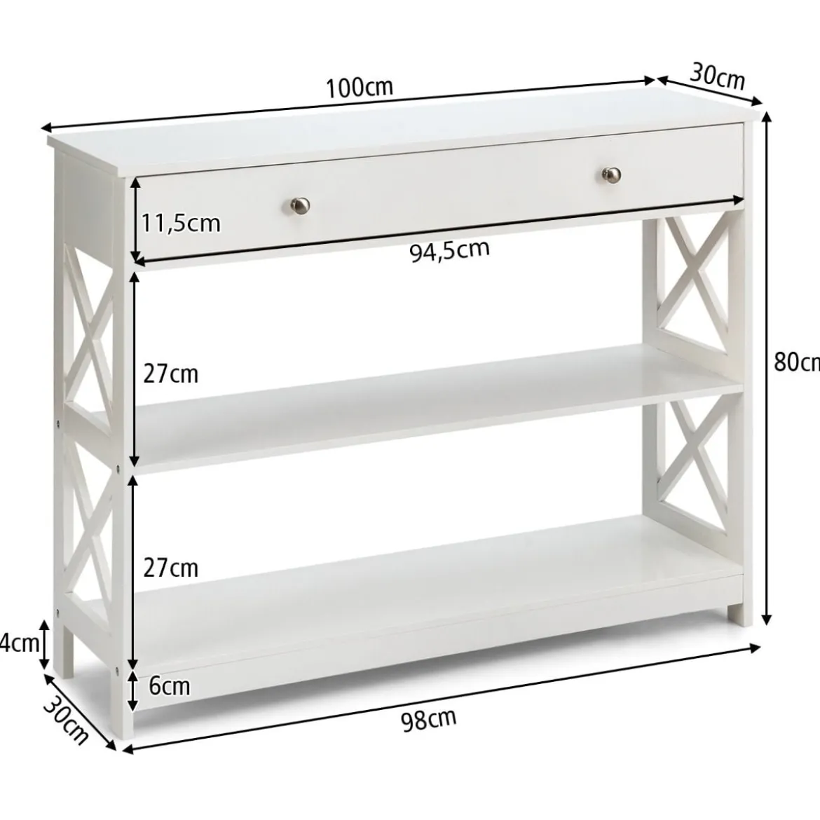 3 Ebenen Konsolentisch mit Schublade & Regal aus Holz 100 x 30 x 80 cm Weiß