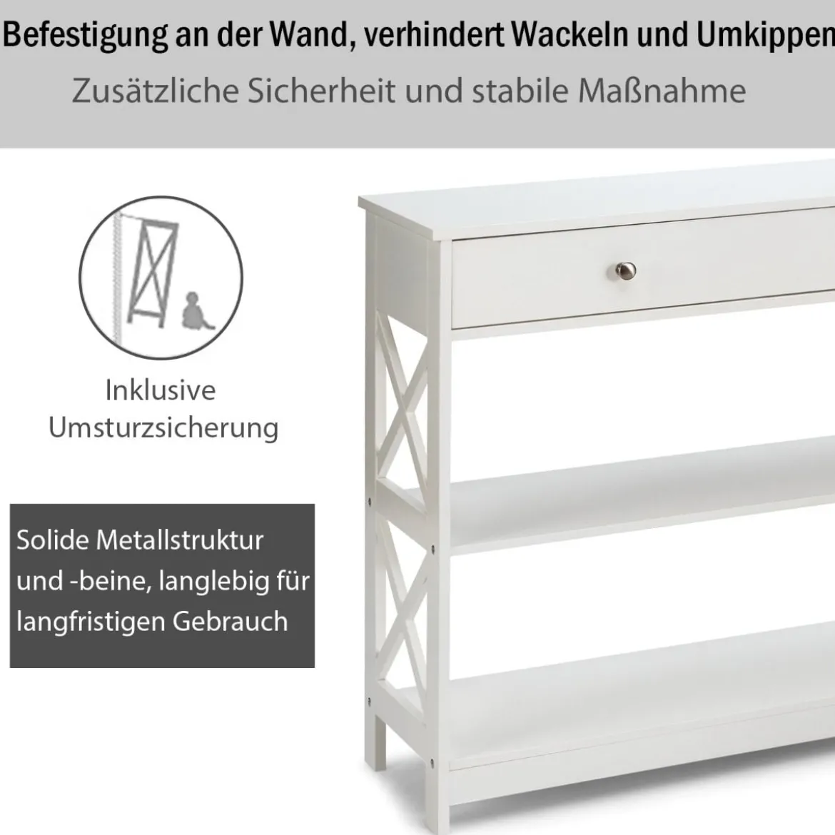 3 Ebenen Konsolentisch mit Schublade & Regal aus Holz 100 x 30 x 80 cm Weiß