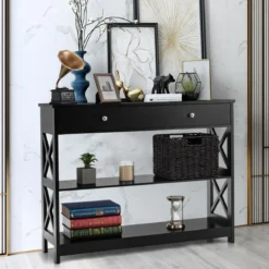 3 Ebenen Konsolentisch mit Schublade & Regal aus Holz 100 x 30 x 80 cm schwarz