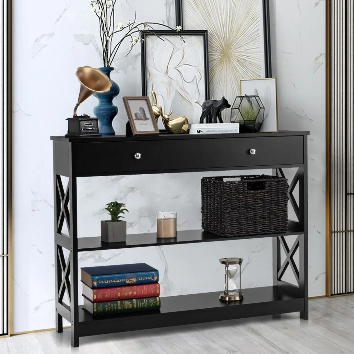 3 Ebenen Konsolentisch mit Schublade & Regal aus Holz 100 x 30 x 80 cm schwarz