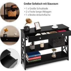 3 Ebenen Konsolentisch mit Schublade & Regal aus Holz 100 x 30 x 80 cm schwarz