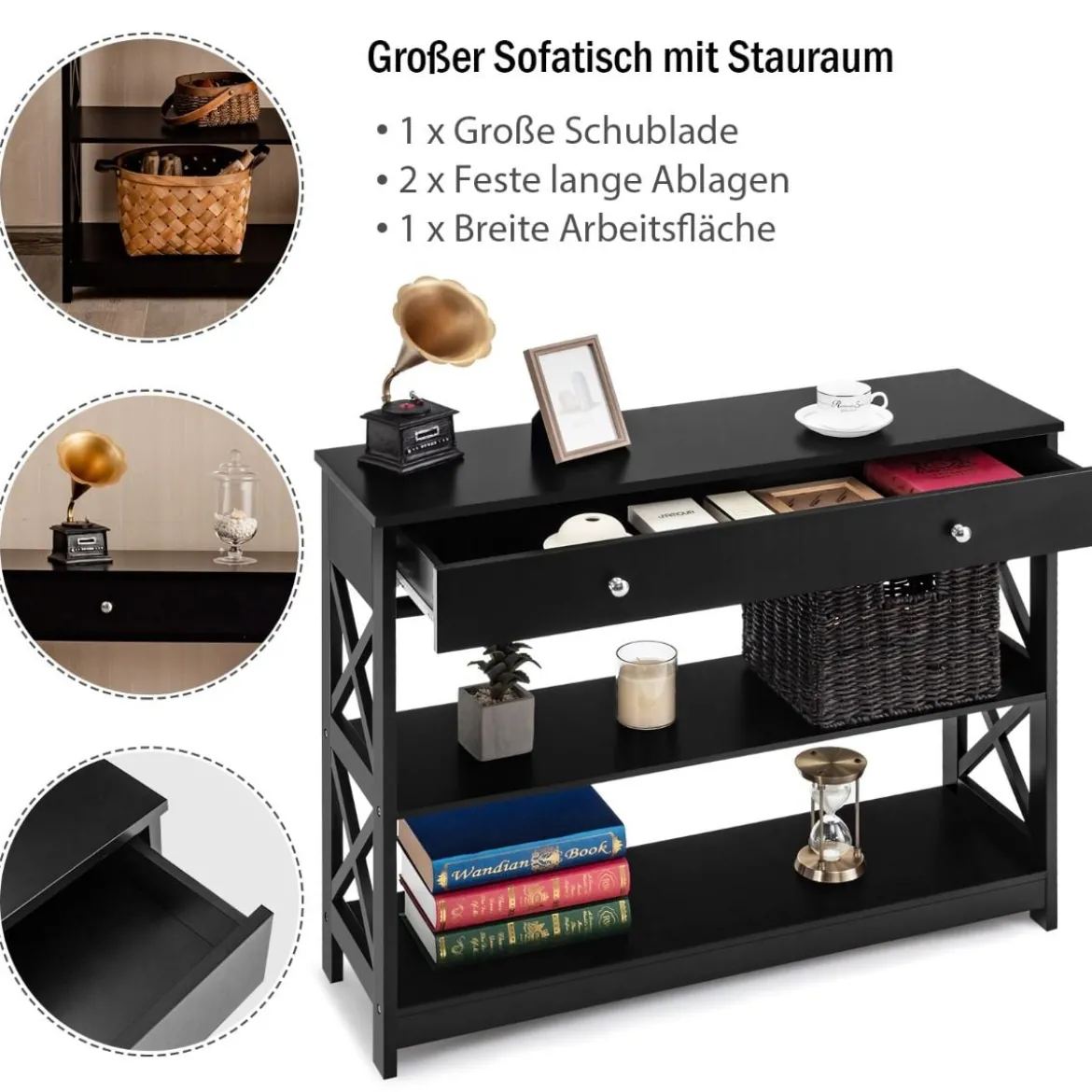 3 Ebenen Konsolentisch mit Schublade & Regal aus Holz 100 x 30 x 80 cm schwarz