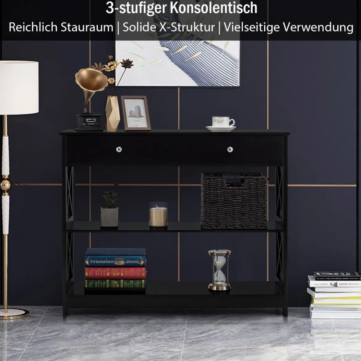 3 Ebenen Konsolentisch mit Schublade & Regal aus Holz 100 x 30 x 80 cm schwarz