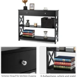 3 Ebenen Konsolentisch mit Schublade & Regal aus Holz 100 x 30 x 80 cm schwarz