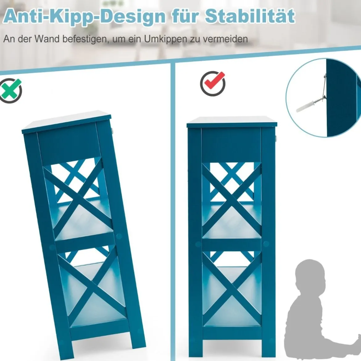 3 Ebenen Konsolentisch mit Schublade & 2 Ablagen & X-Förmigen Beinen